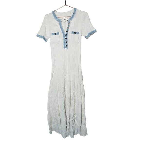SANDRO Alecia White Blue Ribbed Raw Denim Hem Gold Buttons Dress Size Small - Picture 4 of 11
